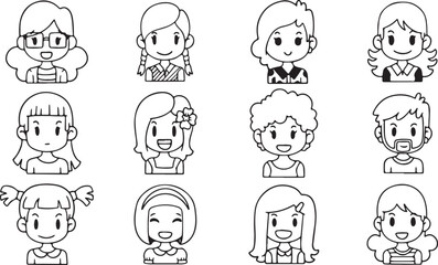 Cute Avatar Faces Vector Set – Children Characters, Hand-Drawn, Emotions, Line Art, Cartoon, Black and White, Expressions