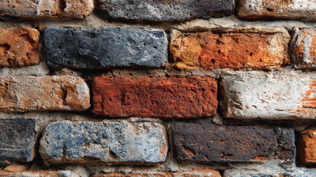 Fototapeta Detailed view of a brick wall showcasing diverse colors and textures, ideal for design use.