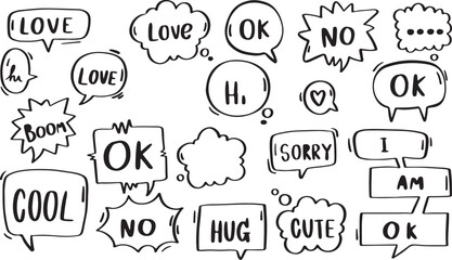 Comic Speech Bubble Doodles – Love, OK, Sorry, Hug, Cute, Handwritten Text, Emoji Style, Hand-Drawn, Expression, Sketch
