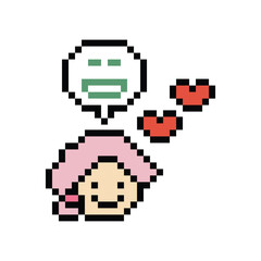 Fototapeta premium Cute pixel cartoon 8bit character woman lady feel love happy happiness heart emotion decoration in love 8 bit female girl happy favorite enjoy like mood game isolated PNG vector.