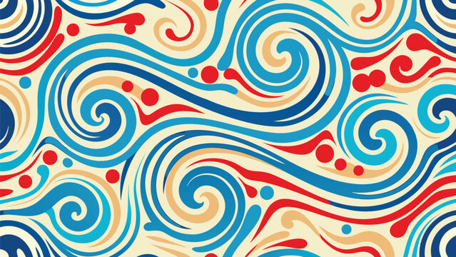 Abstract swirls in blue red and beige creating a dynamic and visually appealing background pattern design
