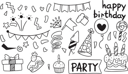Party Doodle Elements Vector Set – Celebration, Cake, Balloon, Confetti, Banner, Birthday, Hand-Drawn, Icon Set, Doodle, Vector