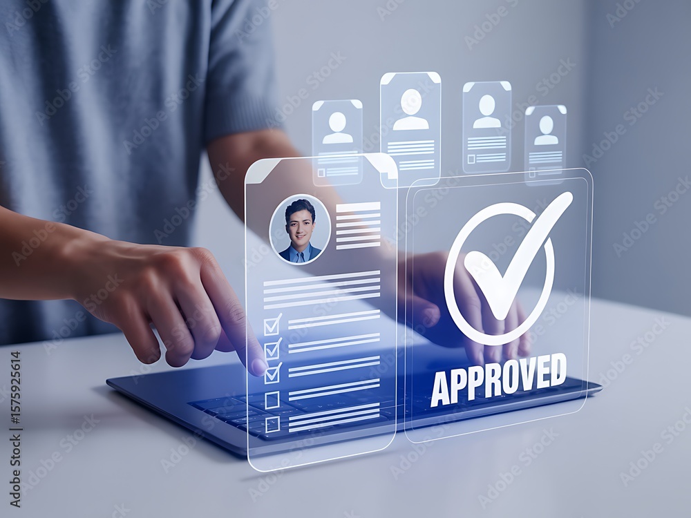 Poster person reviewing digital profile with approval status digital interface checkmark
