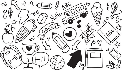 School Supplies Doodle Set – Education, Stationery, Back to School, Kids Icons, Books, Pencil, Bag, Apple, Hand-Drawn, Black and White