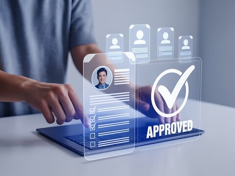 Person reviewing digital profile with approval status digital interface checkmark