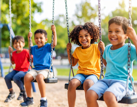 children are playing in the playground riding on the swings