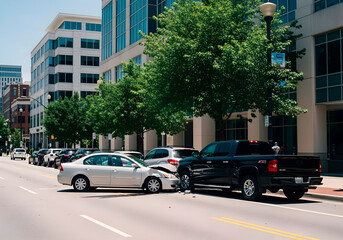 Fototapeta premium Two cars collided on a city avenue. Urban accident scene with damaged vehicles, traffic, and dramatic atmosphere. Captures real-life danger and urgency in an everyday setting.
