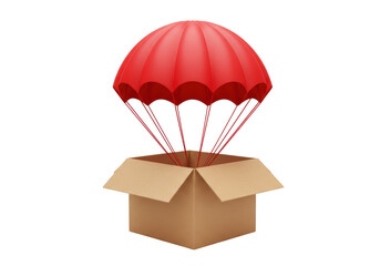 Isolated Cardboard Box Suspended by Red Parachute Delivery Concept Detailed Rendering