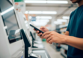 Customer pays using a smartphone at a self-checkout machine. Contactless mobile payment in a modern store environment. Fast, secure, and convenient shopping experience.