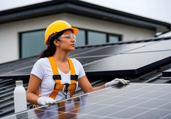 Female engineer in helmet and workwear inspecting or installing solar panels on a residential rooftop. Sustainable energy, professional technology, and environmental responsibility.