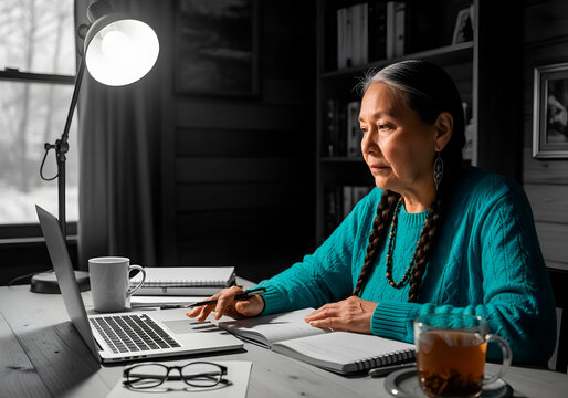 woman sitting at a desk working or studying on a computer. Focused and engaged in online tasks, remote work, or digital learning in a modern home or office setting.