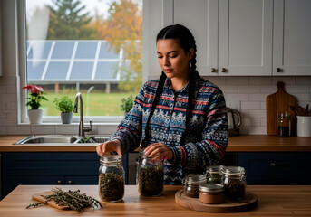 Woman organizing dried herbs into glass jars in a cozy kitchen. Natural lifestyle and herbal medicine preparation with sunlight and autumn scenery outside the window.