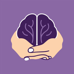 World Alzheimer’s Day Vector Badge with Brain Maze, Neuron Network, and Caregiver Silhouette – Flat Purple Solid Color Design for Awareness and Support