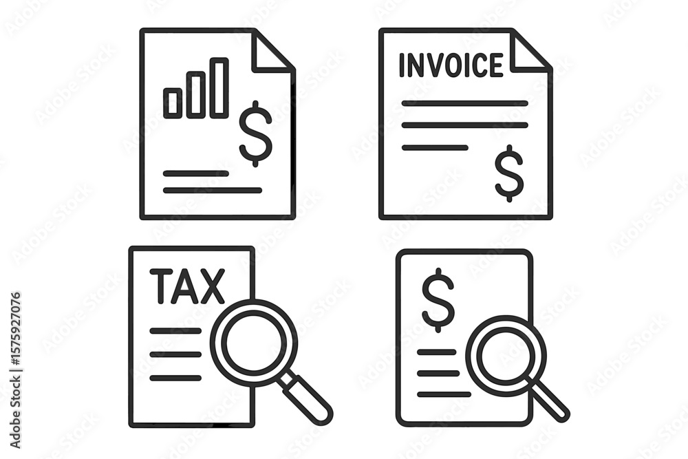 Poster accounting icon set in line style. finance report, invoice document, tax return, budget audit icons.