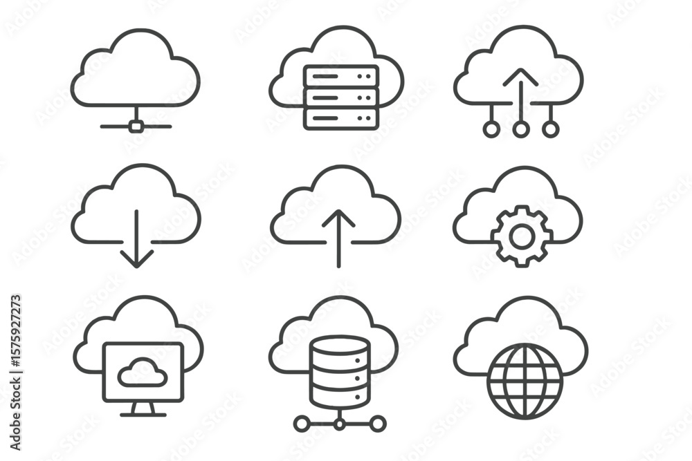Poster cloud computing web icon set. thin line style pictograms collection. data storage and web hosting se
