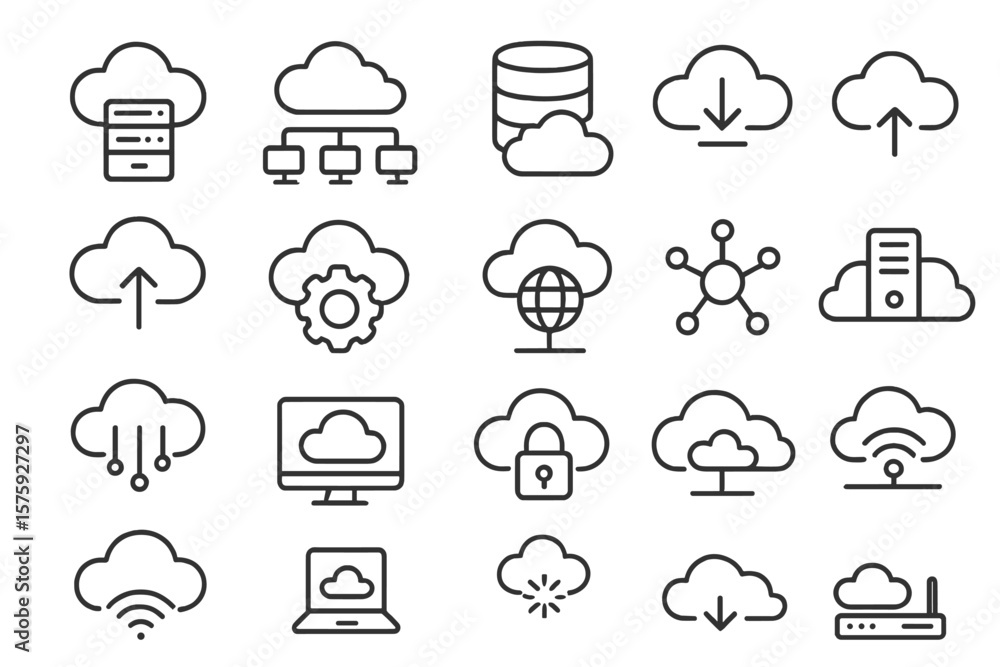 Fototapete Cloud computing technology line icon set. Collection of linear web service and network symbols. Vector icons for server, database, hosting, download, upload, and data storage.