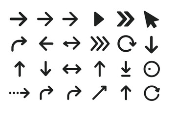 Black vector arrows collection. Arrow cursor icons. Modern simple arrow vectors. Various arrow shapes and directions. Flat style design for web, UI, interface, navigation.