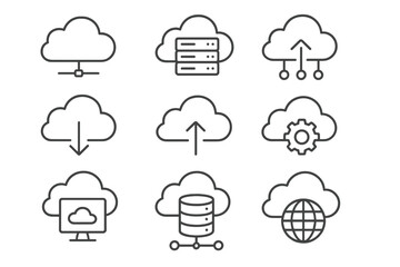 Cloud computing web icon set. Thin line style pictograms collection. Data storage and web hosting service. Server, database, technology, network, download, upload symbols.