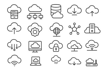 Cloud computing technology line icon set. Collection of linear web service and network symbols. Vector icons for server, database, hosting, download, upload, and data storage.