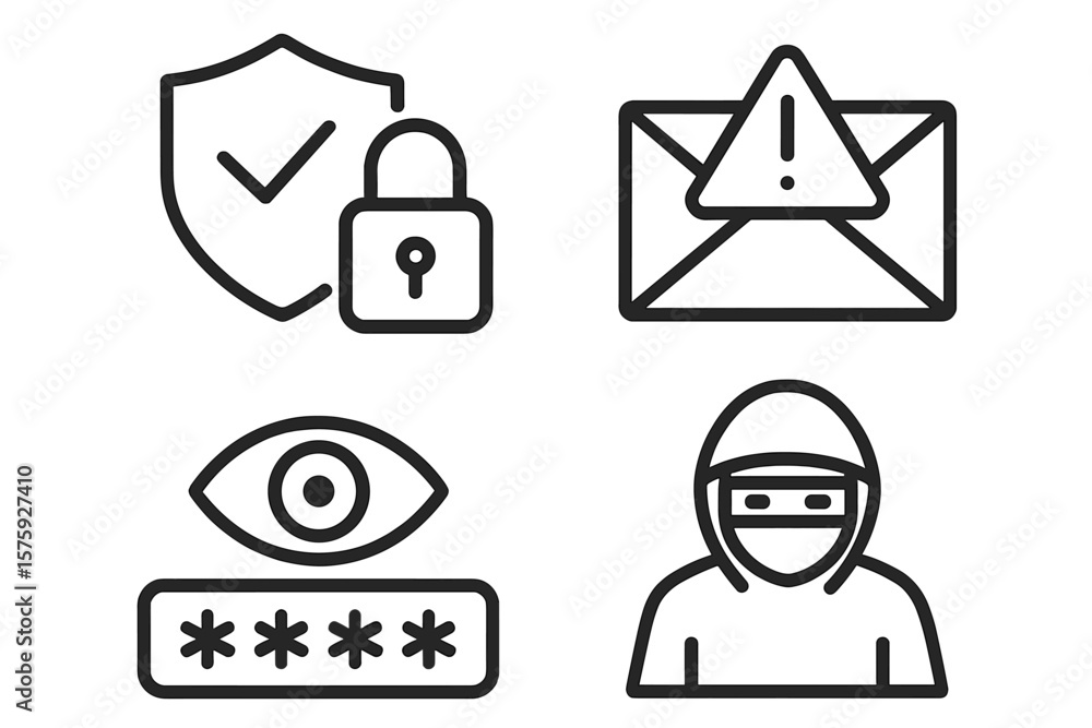 Poster cyber security vector icon set. internet data protection. hacker, spam, password, shield. online thr
