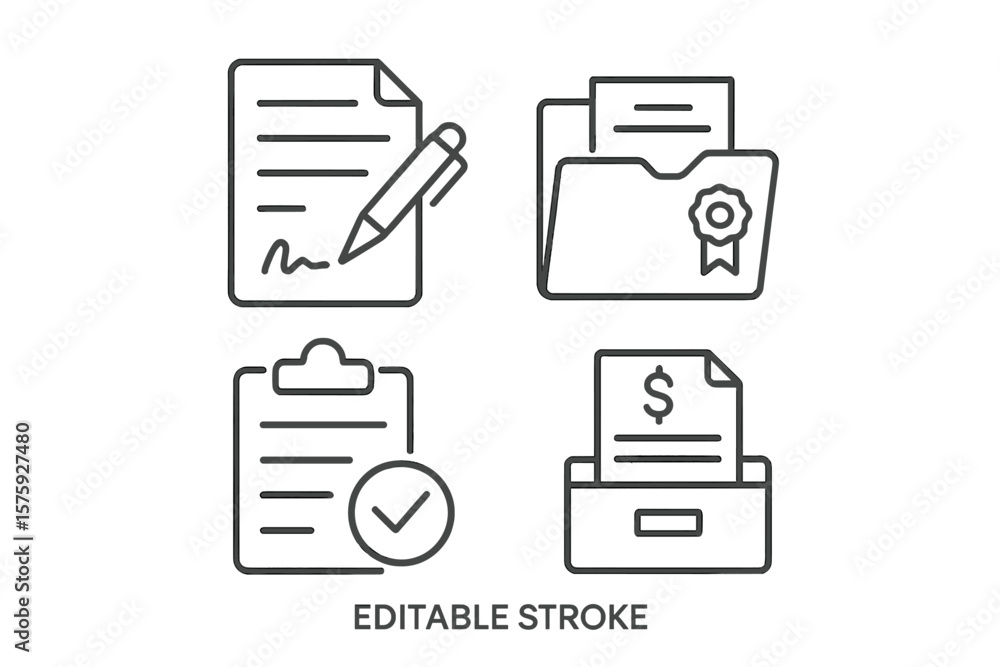 Poster document icon set in line style. business and finance linear icons collection. contract signing, cer