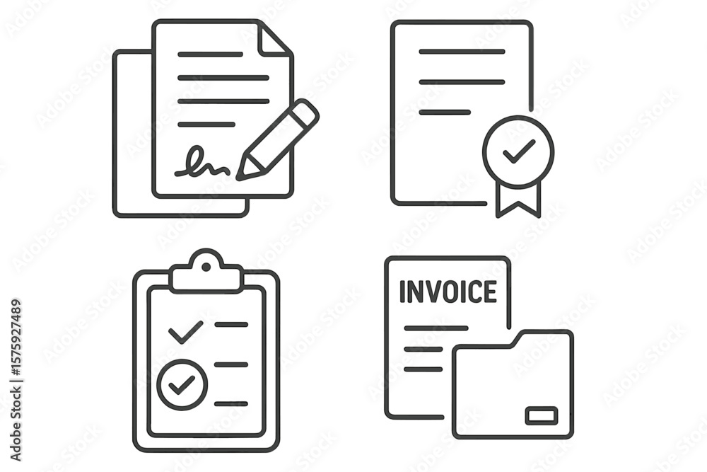 Poster document icon set in line style. contract with signature, approved certificate, clipboard checklist 