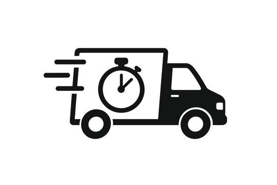 Fast Express Delivery Truck Icon. Stopwatch Timer. Speed Shipping Van. Urgent Parcel. Quick Logistics. Same Day Delivery. Time Sensitive Freight. Courier Service. Transport Symbol. Vector Isolated