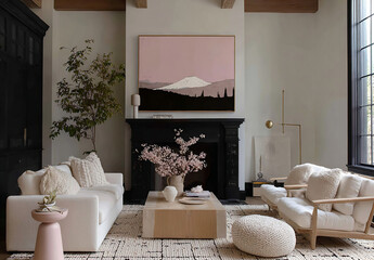 Elegant and cozy living room with neutral tones, a white sofa, and a black fireplace. Pink art and wood accents add a modern touch.