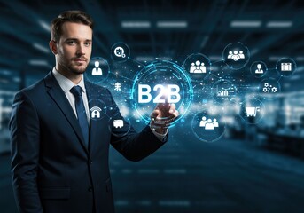 Confident businessman presenting a modern B2B business concept with interactive icons and digital innovation, highlighting growth.