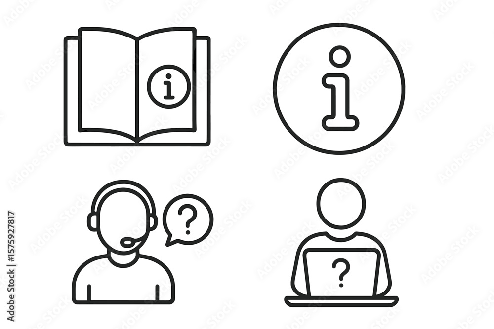 Poster set of 4 information and help desk line icons. web and mobile app symbols. includes user manual, gui