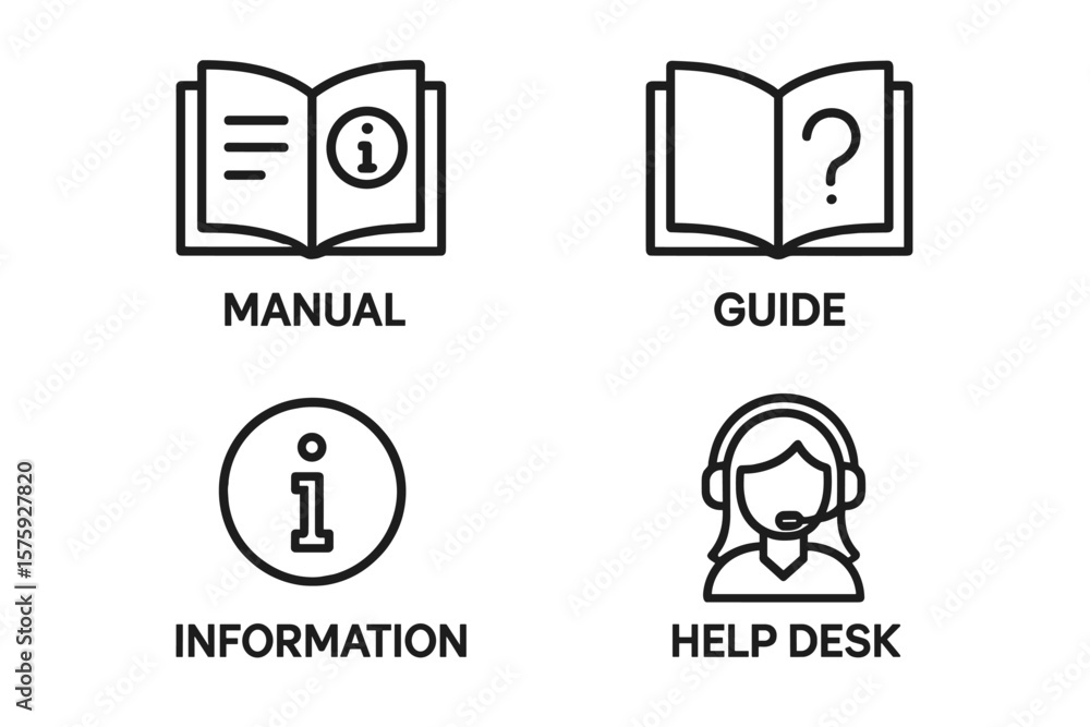 Poster information and help desk line icon set. user manual, instruction, guide for web and mobile app. cus