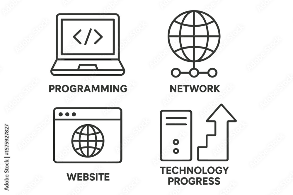 Fototapete Information technology icon set. IT line icons for web and mobile app design. Programming, network, website, technology progress concept. Internet, devices, server, code, growth.