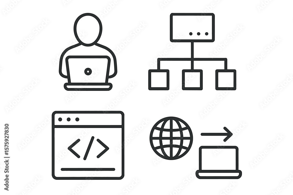 Fototapete Information technology icon set. IT outline icons for web and mobile app. Programming, developer, sitemap, network, server, website, coding, internet connection, data transfer.