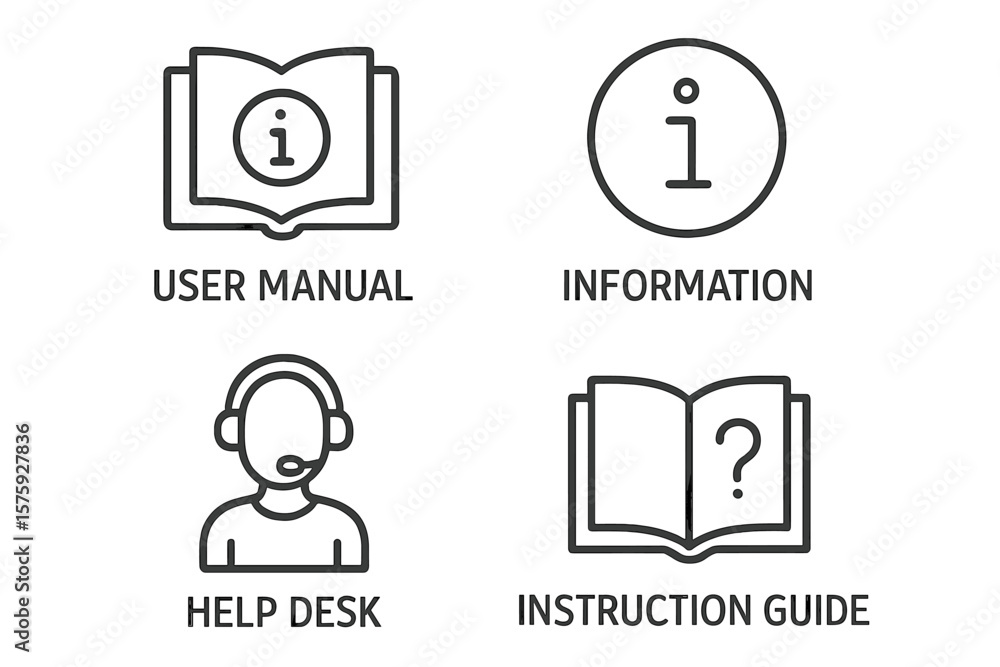 Poster information icon set. user manual, instruction guide, help desk. line style symbols for web and mobi