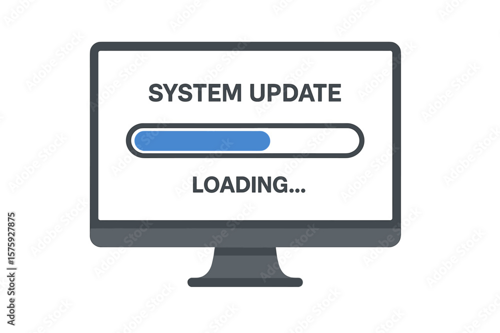 Poster system update loading process on computer screen. software installation, data upgrade, download prog