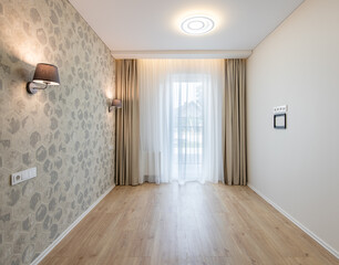 Bright Minimalist Living Room Interior with Elegant Wallpaper and Wooden Flooring