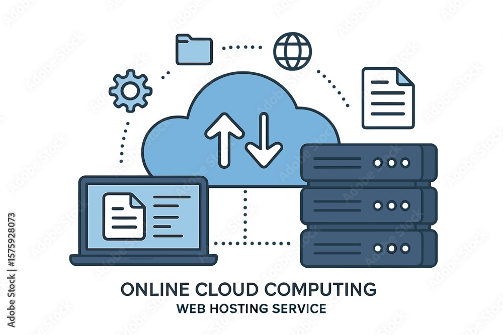 Poster cloud computing data center web hosting service. database management, file storage, document upload 