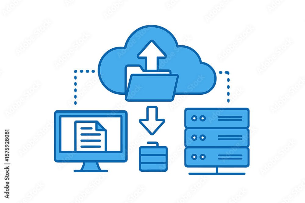 Poster cloud computing data center vector. web hosting service, cloud storage, file management, upload and 