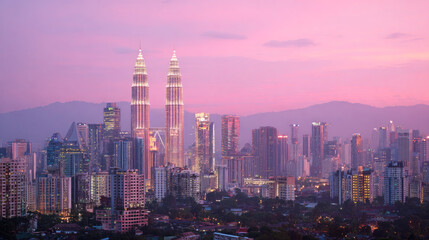 Evening view of Kuala Lumpur’s skyline with glowing twin towers rising amid modern skyscrapers under a purple-pink sky at dusk. ai generative