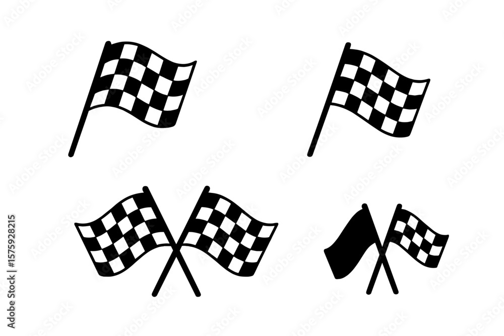 Poster racing checkered flag icon set. finish line and start flags. crossed and waving race flags. motorspo