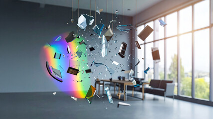 A conceptual image showing various broken technology devices, including laptops and smartphones, suspended in mid-air as if frozen in the moment of shattering, with rainbow light dispersion effects, s