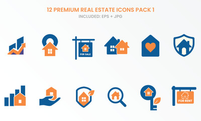 12 Real Estate Icons – House, Rent, Sale, Eco Home, Investment, Shield & Secure Property Vector Pack