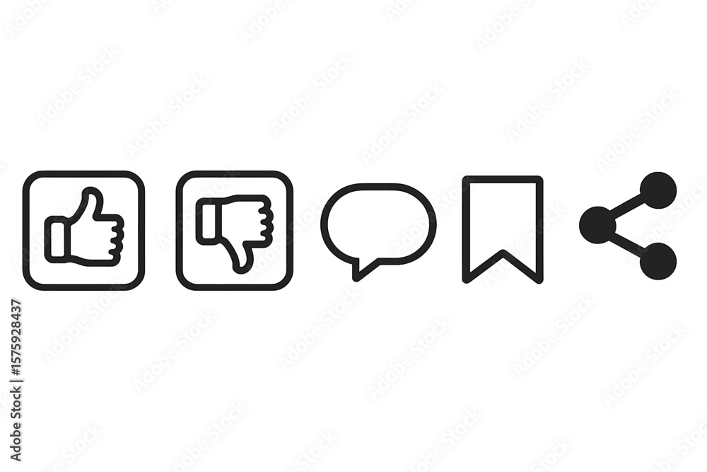 Poster social media feedback icon set. like, dislike, comment, save, share. user interface symbols. web int