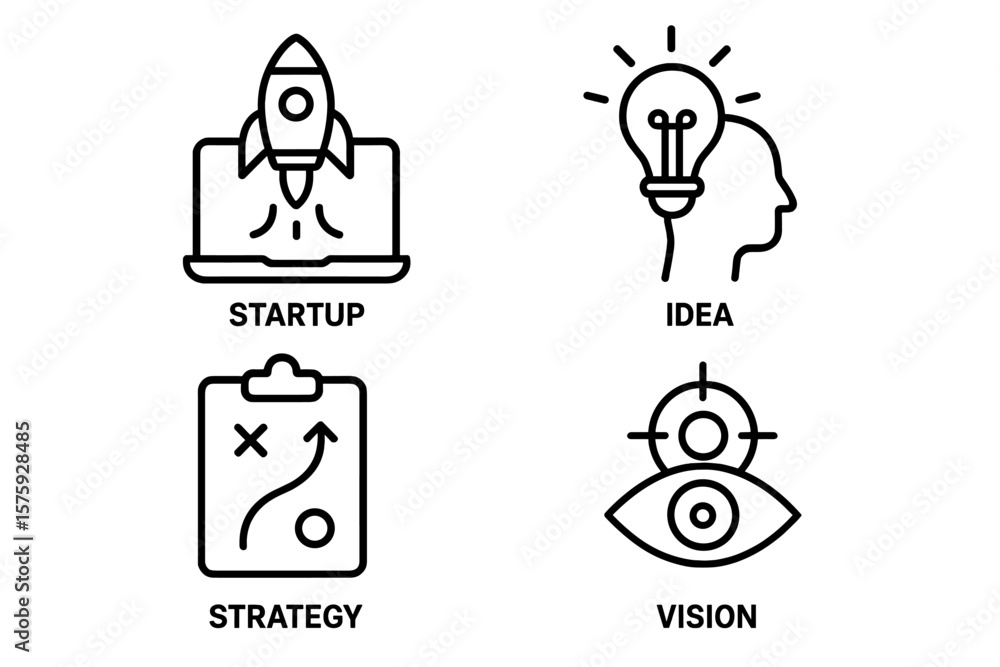 Poster startup launch and business development icons set. line style web and mobile app icons. innovation, 
