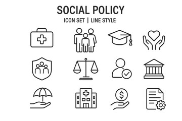 Social Policy Line Icons Set. Healthcare, Family, Education, Protection, Law, Insurance, Welfare, Justice, Hospital, Charity, Government, Money, Document, Social Services