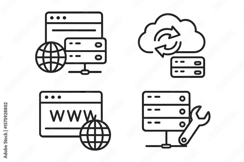 Poster web hosting, cloud computing, and server infrastructure icons. data exchange, domain, and website de