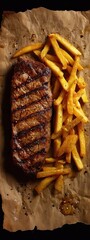 juicy grilled steak served on a greasy cooking paper with french fries . aspect ratio 3:8