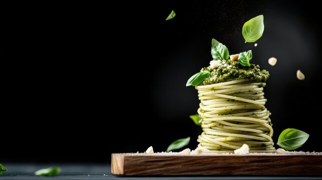 Delicious Plate of Spaghetti Garnished with Fresh Basil and Olive Oil