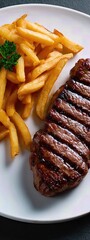 juicy grilled steak served on a white plate with french fries . aspect ratio 3:8