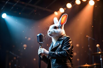A rabbit dressed as a rockstar sings into a vintage microphone on stage